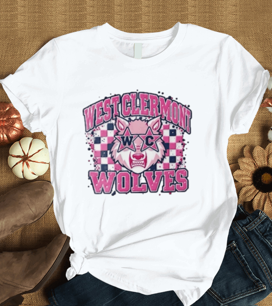 West Clermont Wolves WC Pink Star Sunglasses Checkered T-Shirt