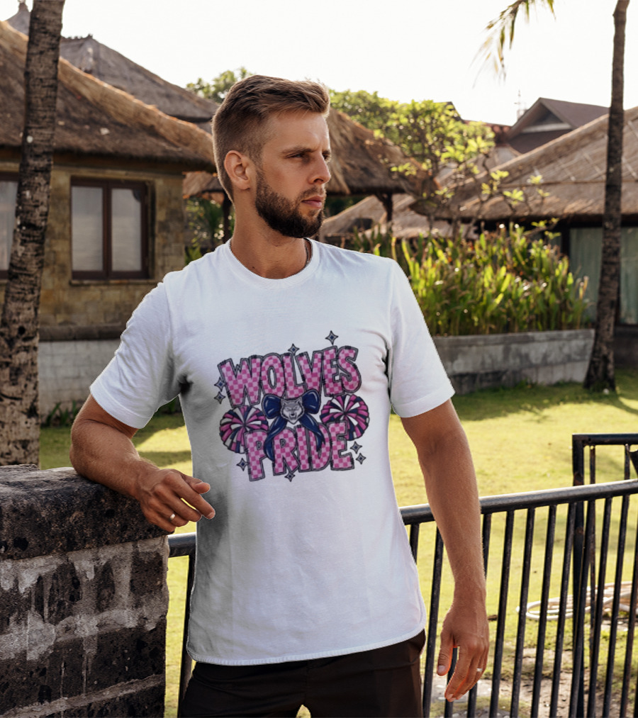 Wolves Pride Pink Checkered Cheerleading Pompoms And Wolf Bow T-Shirt