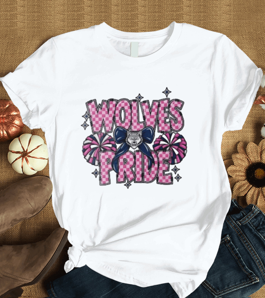 Wolves Pride Pink Checkered Cheerleading Pompoms And Wolf Bow T-Shirt