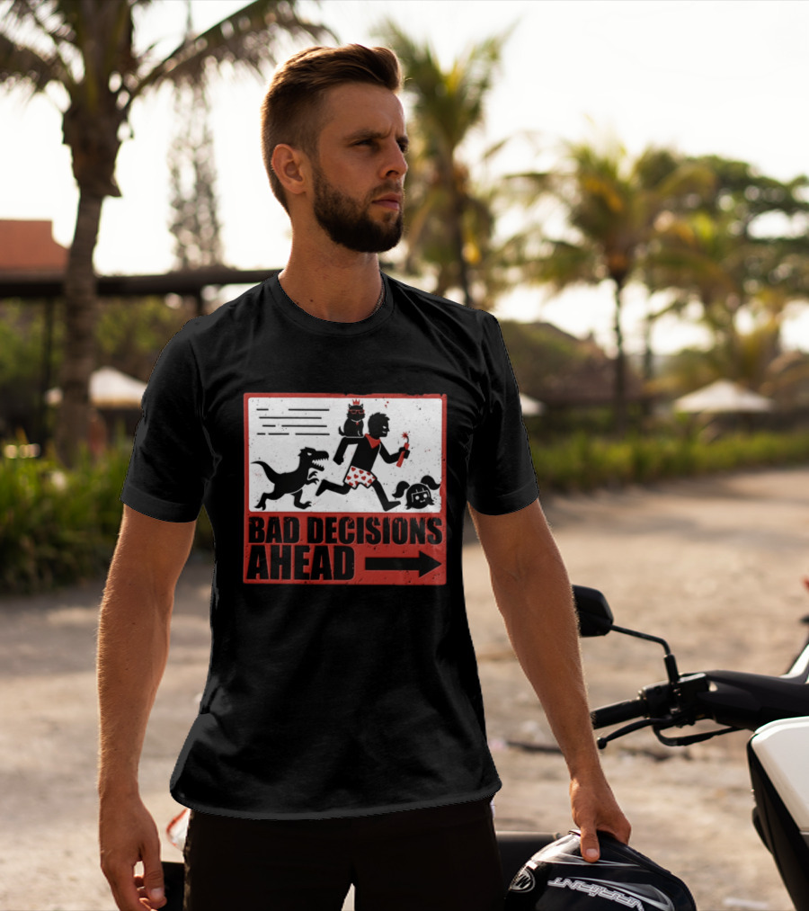 Bad Decisions Ahead Running From Dinosaur Distressed Humor T-Shirt