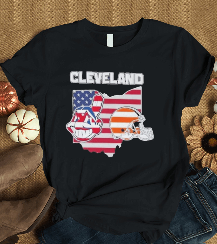 Cleveland Indians Browns Ohio State Map With Flags T-Shirt