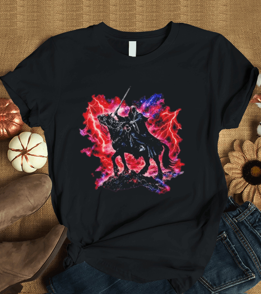 Grim Reaper On Horse With Lightning And Cosmic Galaxy T-Shirt