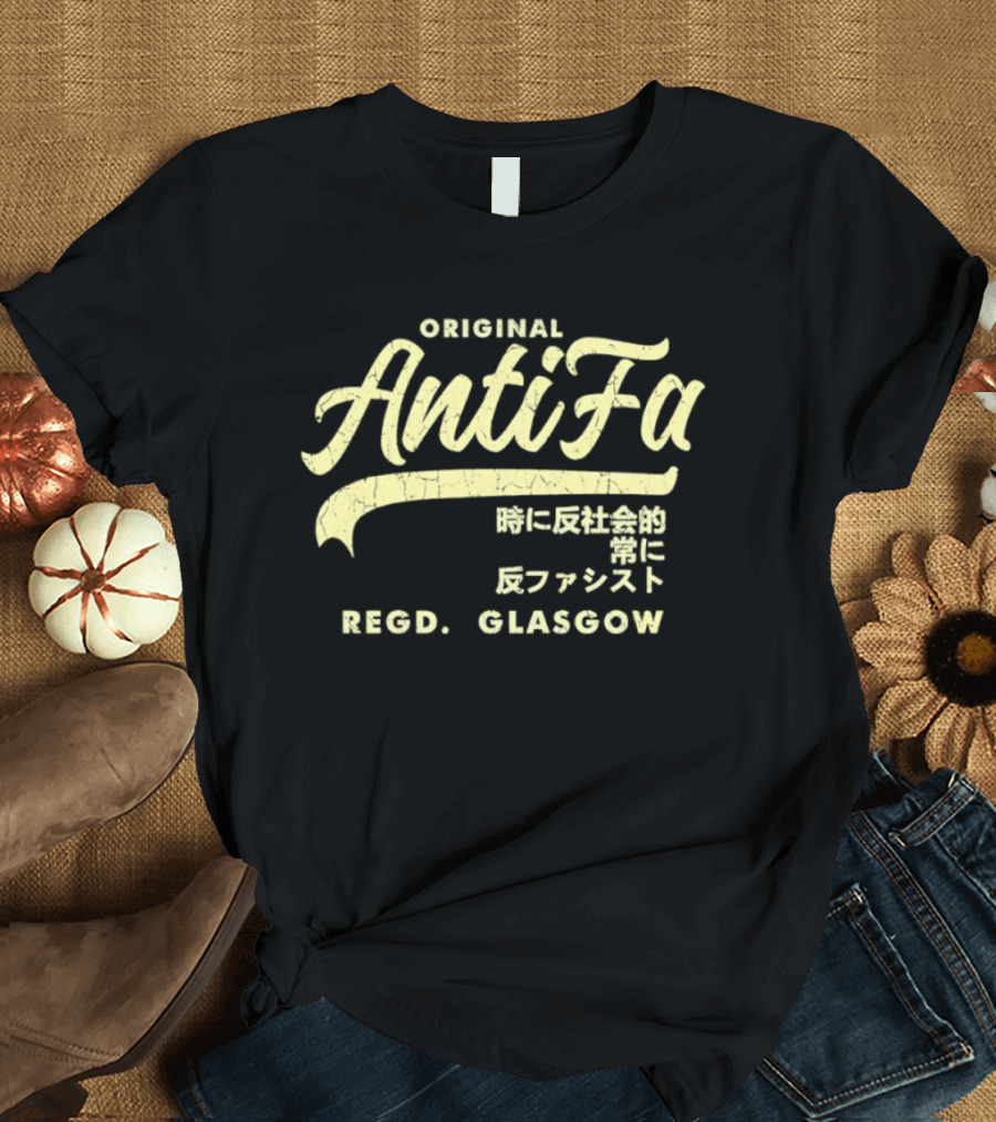 Original AntiFa Regd Glasgow Distressed Japanese Text Anti Fascist T-Shirt