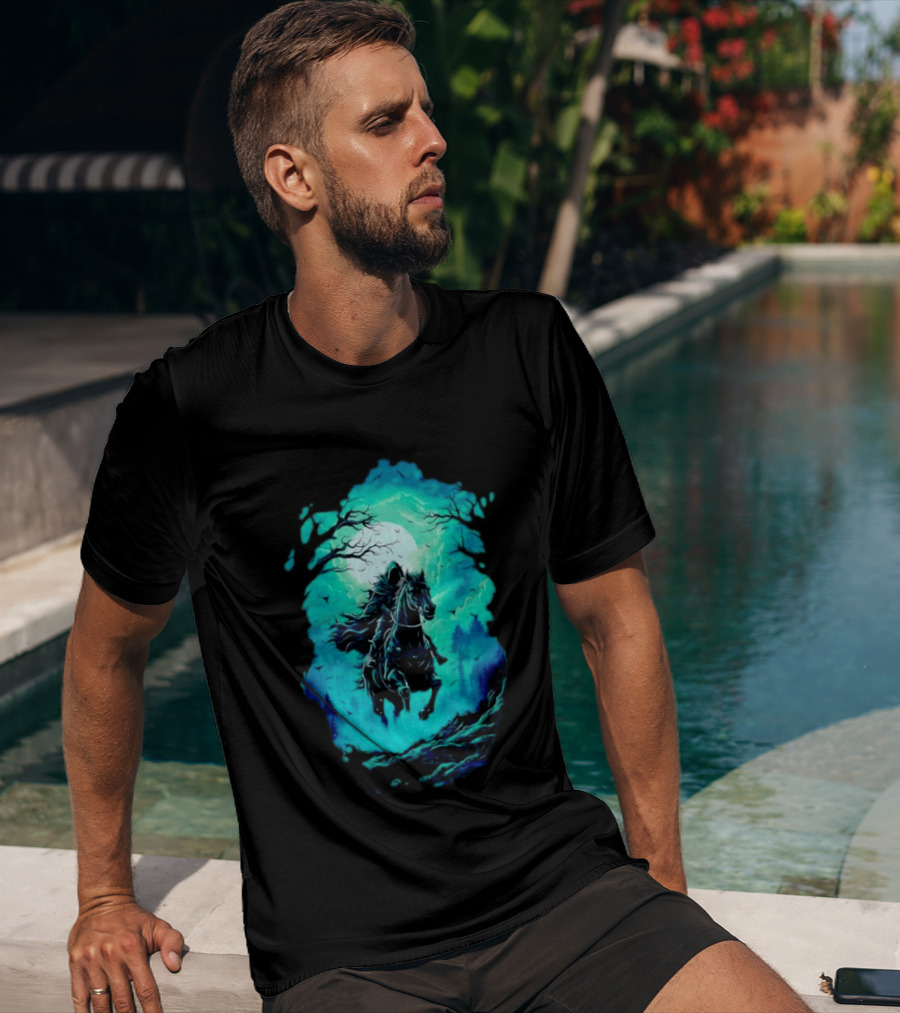 Headless Horseman Eerie Night Ride Through Spooky Forest T-Shirt