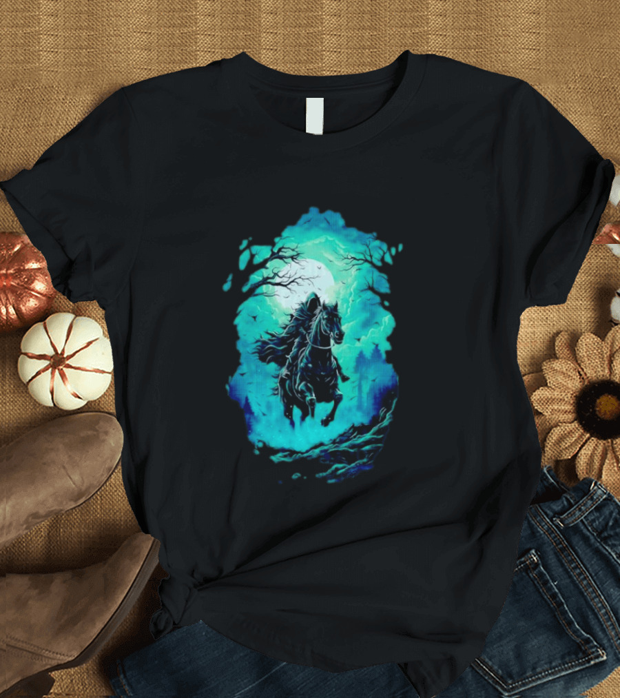 Headless Horseman Eerie Night Ride Through Spooky Forest T-Shirt