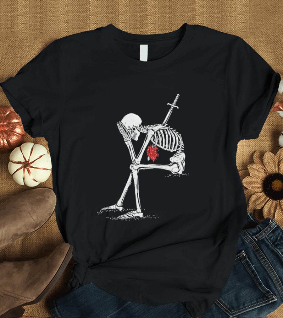 Sad Skeleton With Sword And Bleeding Heart Drawing T-Shirt