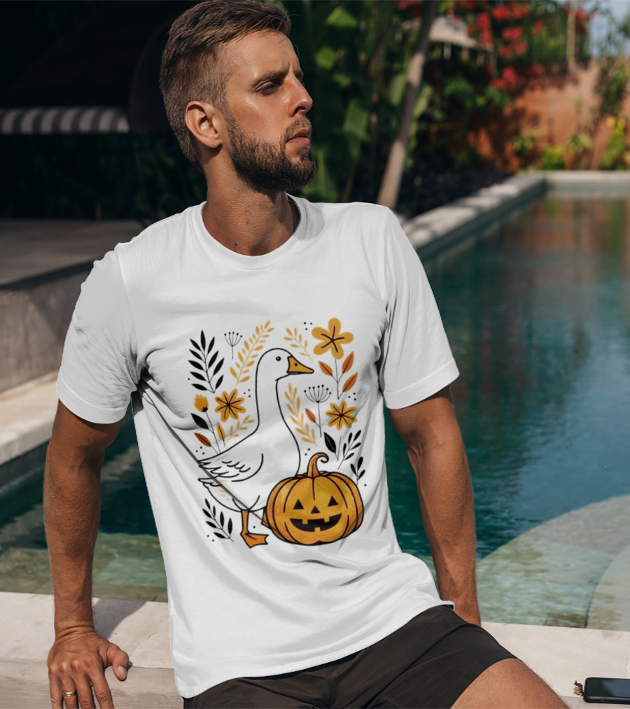 Pumpkin Jack O Lantern Goose Fall Farmhouse Floral Halloween T-Shirt