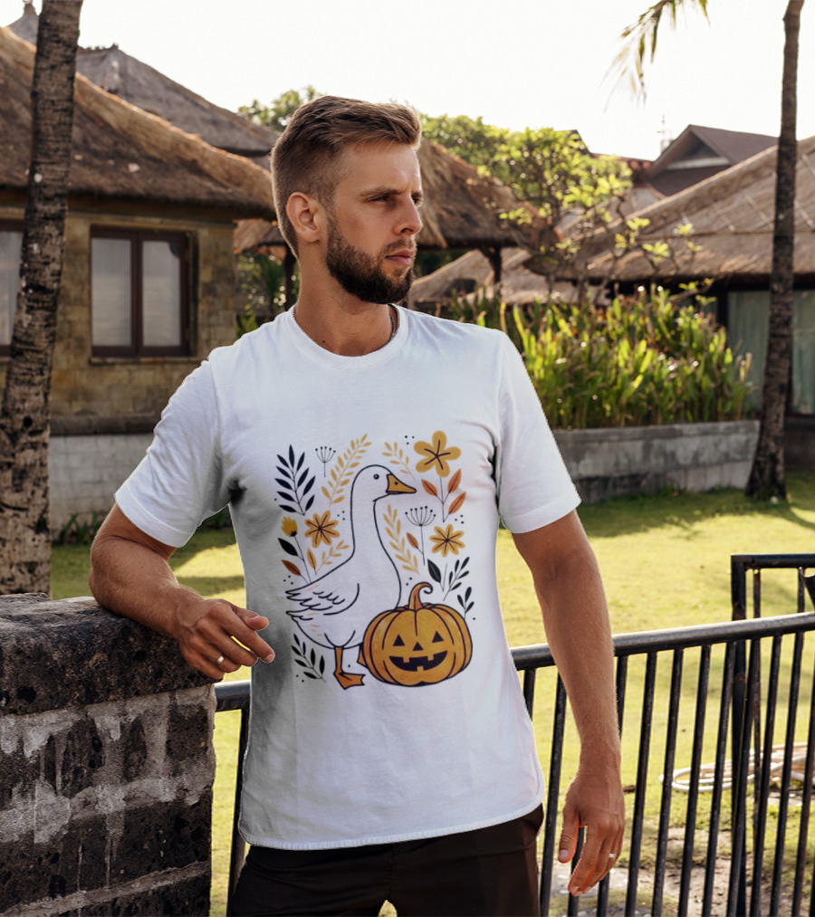Pumpkin Jack O Lantern Goose Fall Farmhouse Floral Halloween T-Shirt