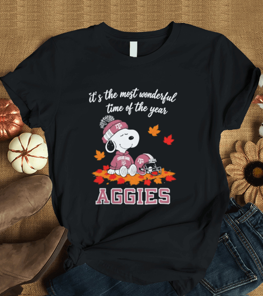 Snoopy It's The Most Wonderful Time Of The Year Texas A&M Aggies Autumn Leaves T-Shirt
