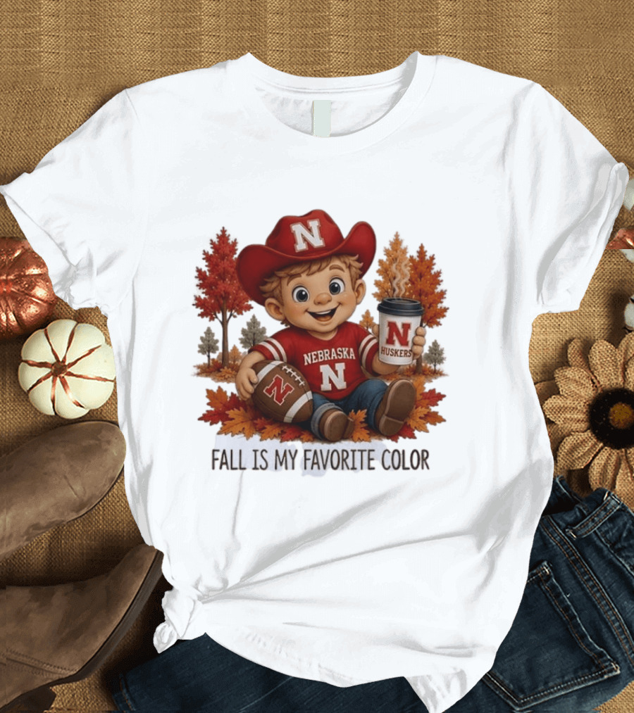 Nebraska Huskers Fall Football Kid Holding Coffee And Ball T-Shirt