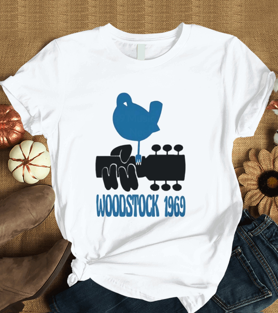 Woodstock 1969 Music Festival Bird On Guitar Neck T-Shirt
