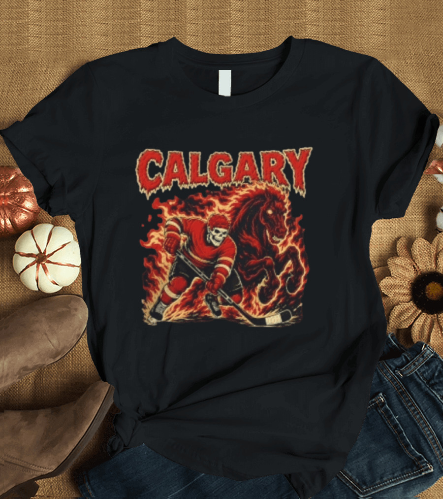 Calgary Flames Skeleton Hockey Player With Fiery Horse T-Shirt