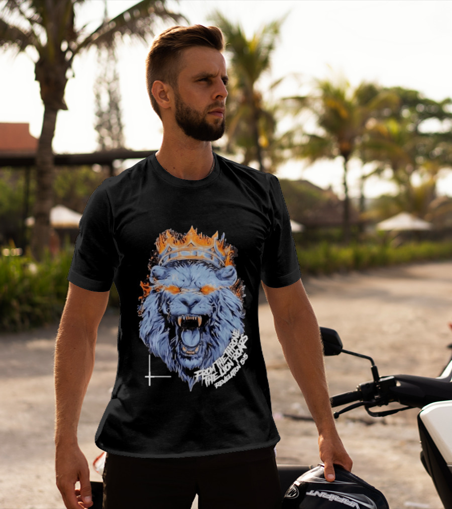 From The Throne The Lion Roars Revelation 5 5 Blue Flame Crown Lionhead T-Shirt