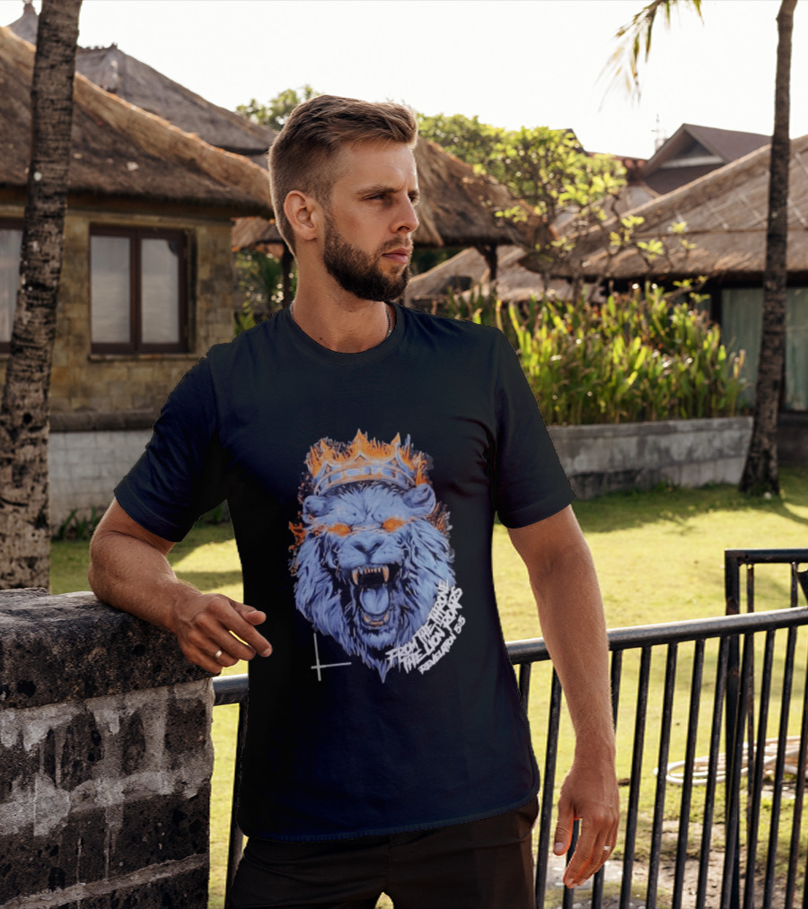 From The Throne The Lion Roars Revelation 5 5 Blue Flame Crown Lionhead T-Shirt