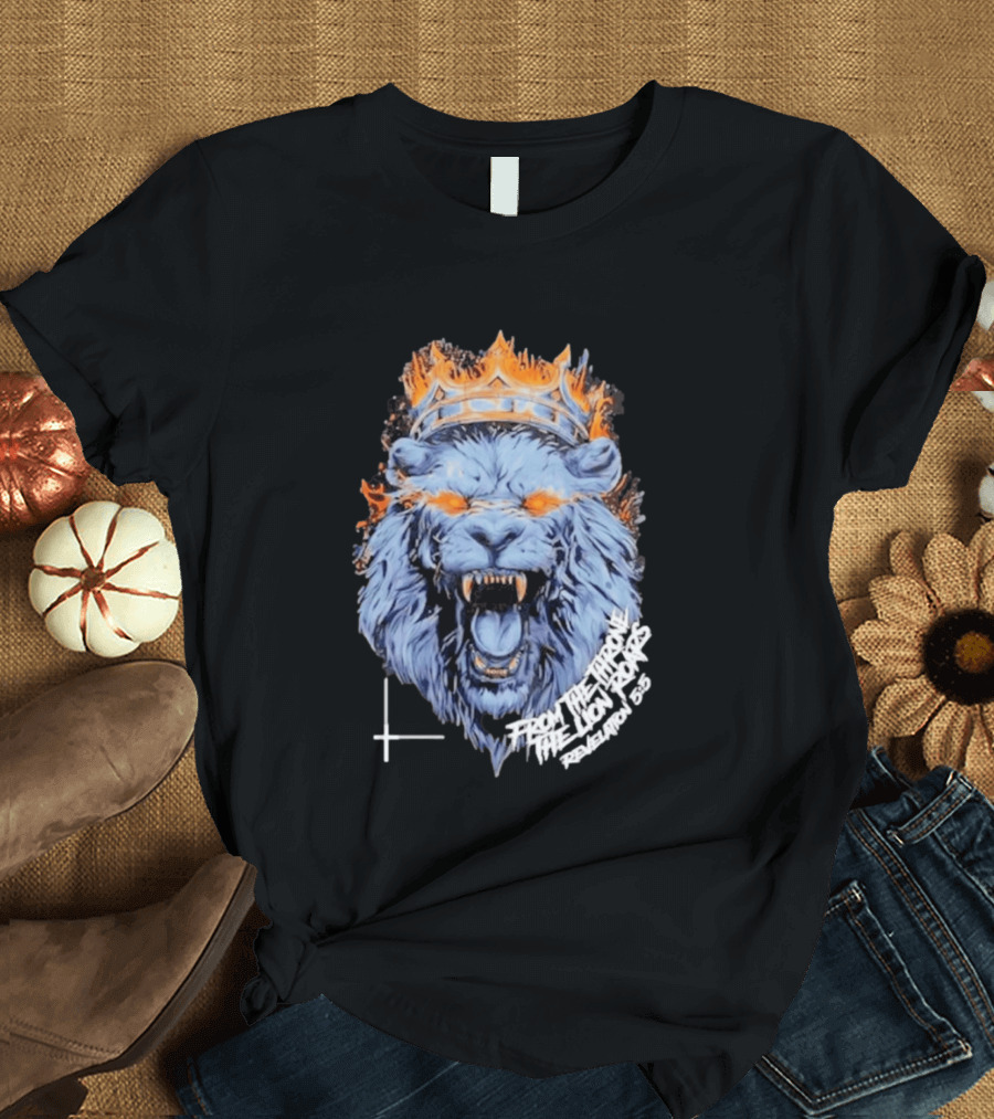 From The Throne The Lion Roars Revelation 5 5 Blue Flame Crown Lionhead T-Shirt
