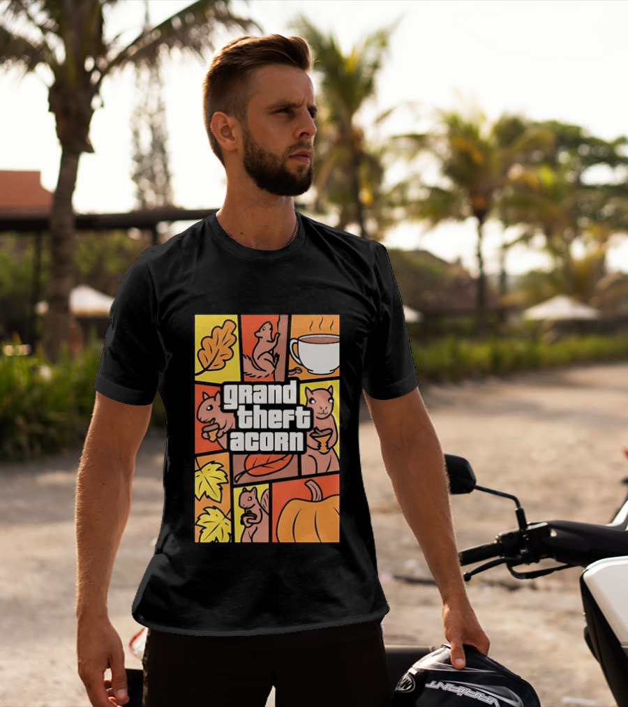Grand Theft Acorn Autumn Squirrel Coffee Pumpkin Leaves T-Shirt