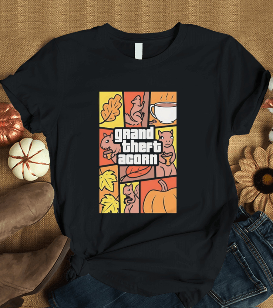 Grand Theft Acorn Autumn Squirrel Coffee Pumpkin Leaves T-Shirt