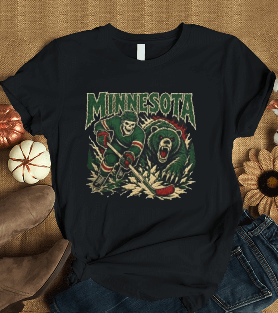 Minnesota Hockey Skeleton With Bear T-Shirt
