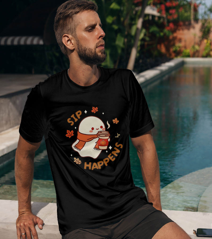Sip Happens Ghost Pumpkin Spice Latte With Leaves And Scarf T-Shirt