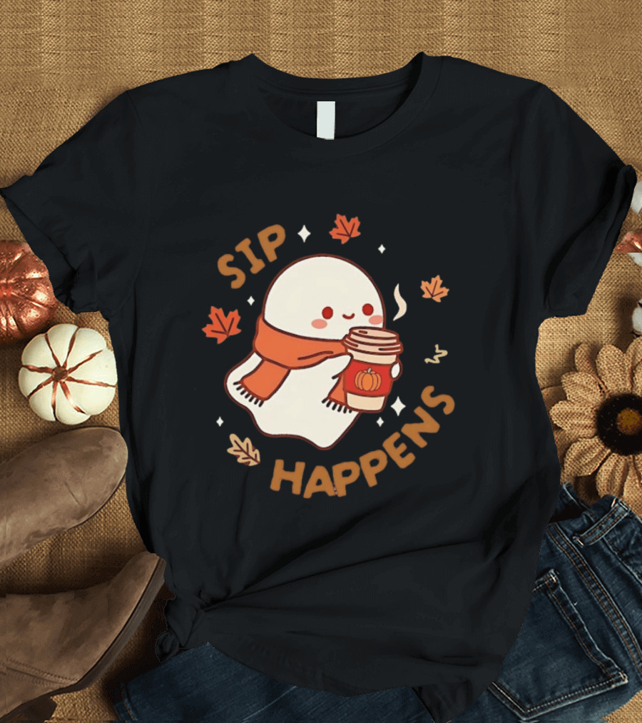 Sip Happens Ghost Pumpkin Spice Latte With Leaves And Scarf T-Shirt