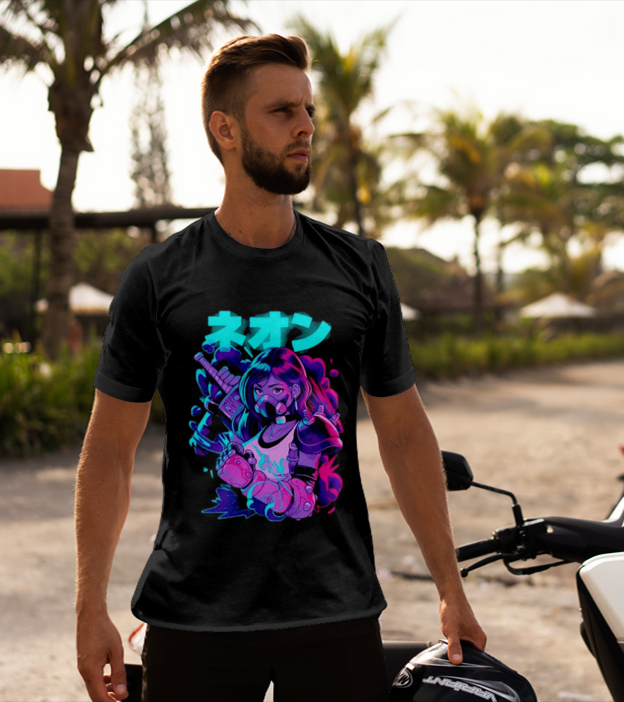 Neon Cyberpunk Anime Warrior Girl Futuristic Vaporwave Aesthetic T-Shirt