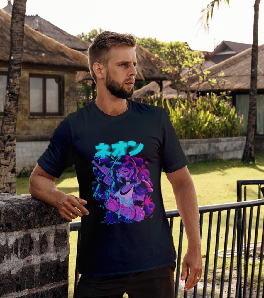 Neon Cyberpunk Anime Warrior Girl Futuristic Vaporwave Aesthetic T-Shirt
