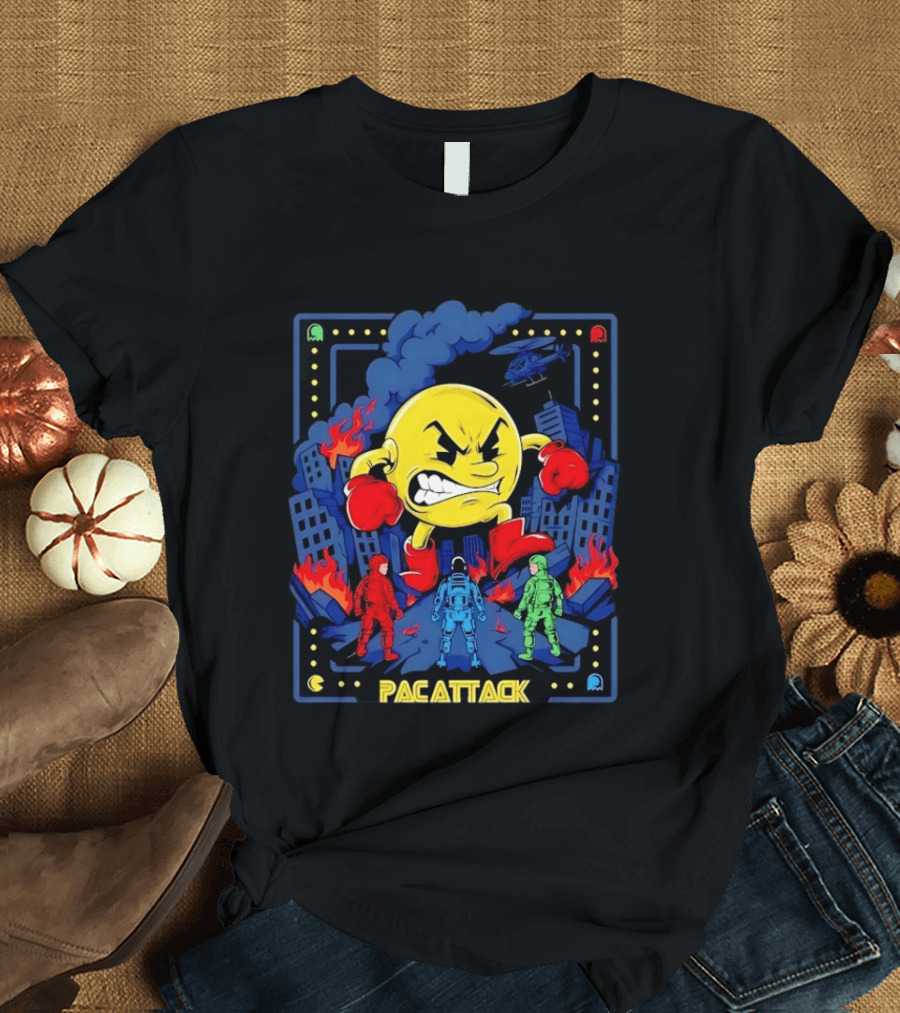 Pac Attack City Destruction Video Game Icon Battle Scene T-Shirt