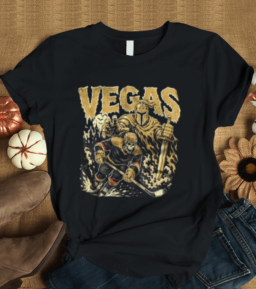 Vegas Golden Knights Skeleton Hockey Player With Knight And Sword T-Shirt