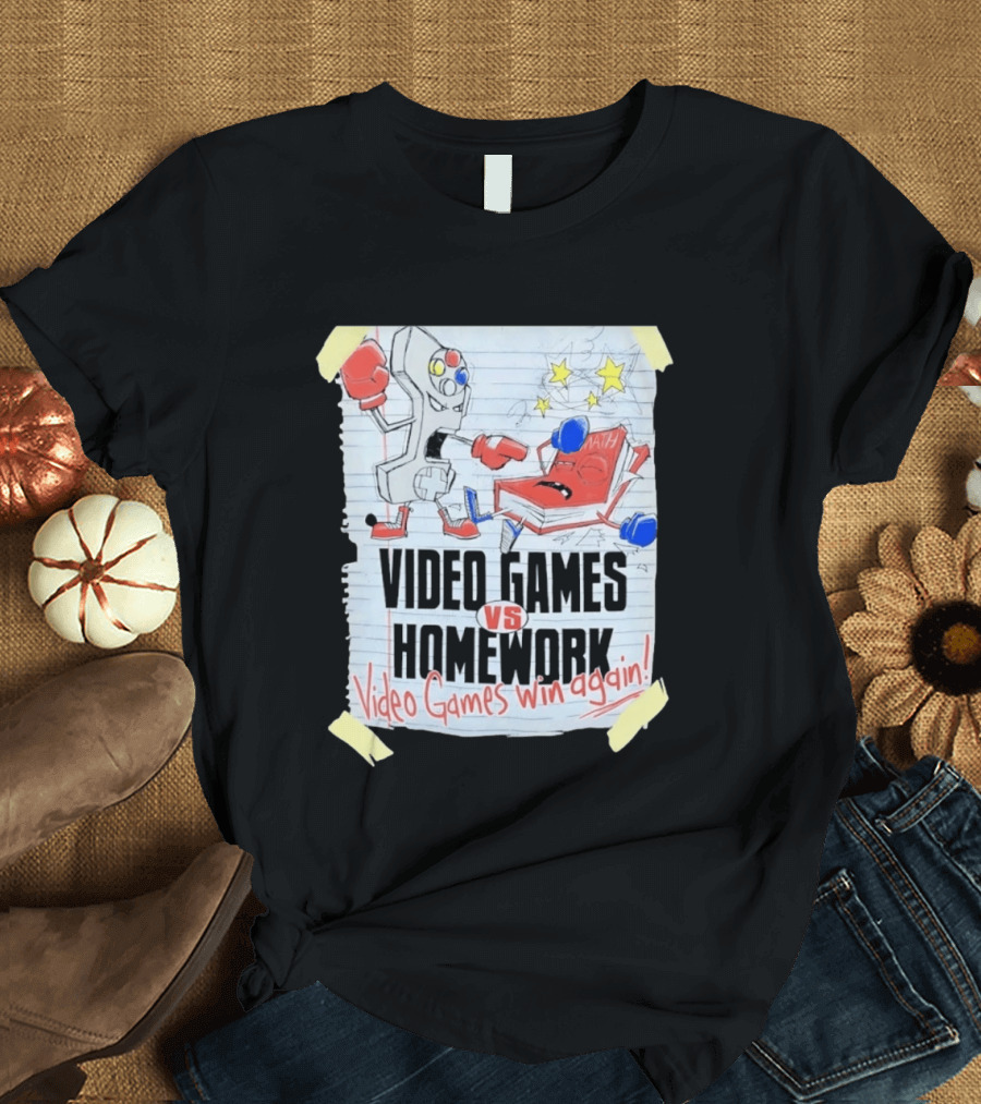 Video Games Vs Homework Video Games Win Again Math Battle Sketch T-Shirt