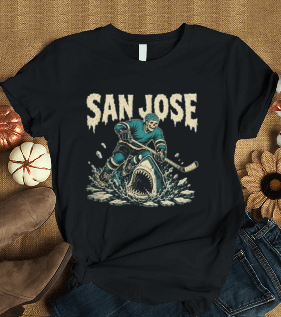 San Jose Sharks Skeleton Hockey Player Riding Shark T-Shirt