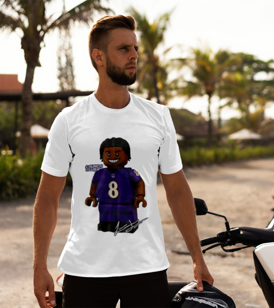 Baltimore Ravens Lamar Jackson Lego Minifigure Purple Jersey Number 8 T-Shirt
