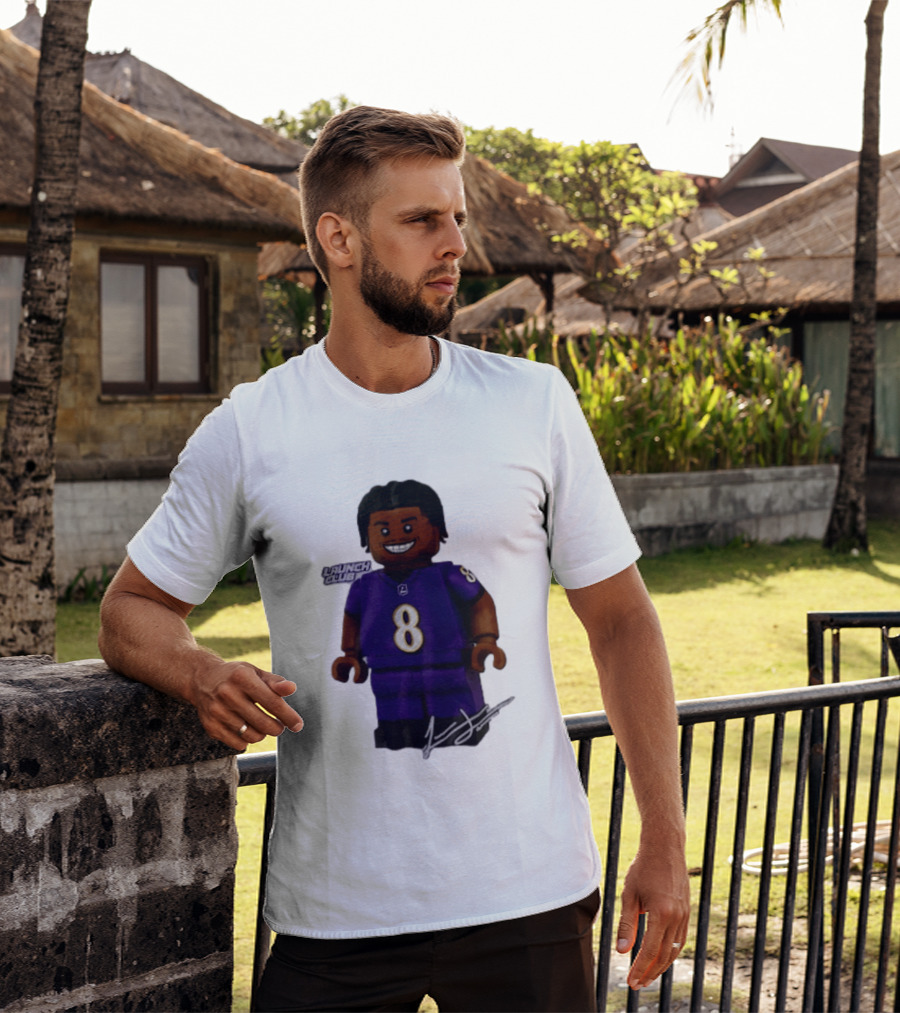Baltimore Ravens Lamar Jackson Lego Minifigure Purple Jersey Number 8 T-Shirt