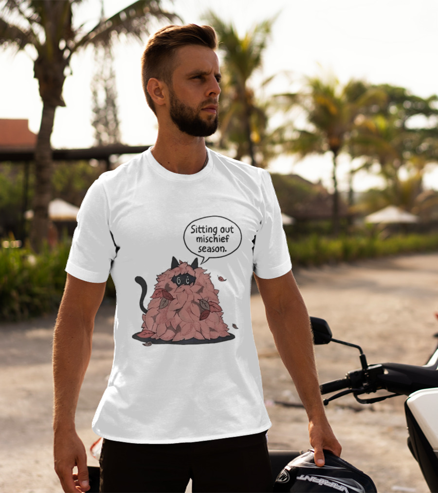 Sitting Out Mischief Season Cat Autumn Leaves T-Shirt