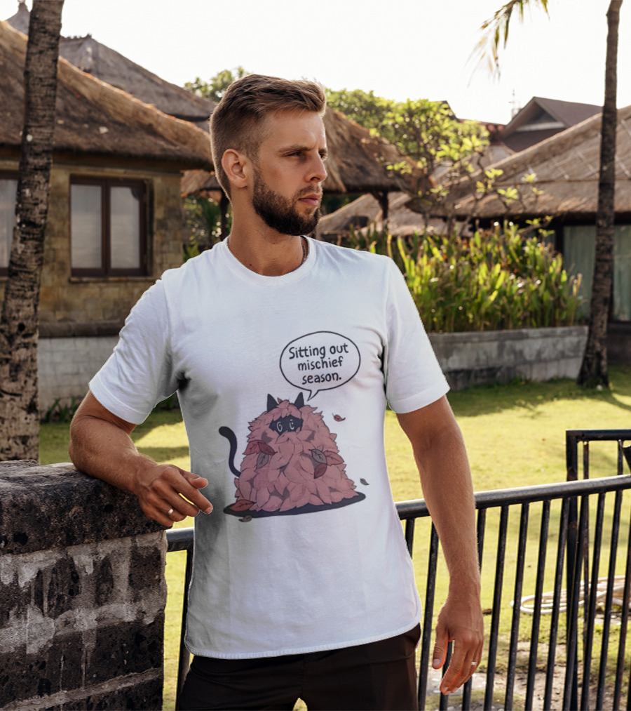 Sitting Out Mischief Season Cat Autumn Leaves T-Shirt