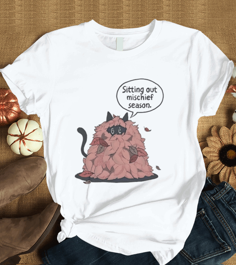 Sitting Out Mischief Season Cat Autumn Leaves T-Shirt