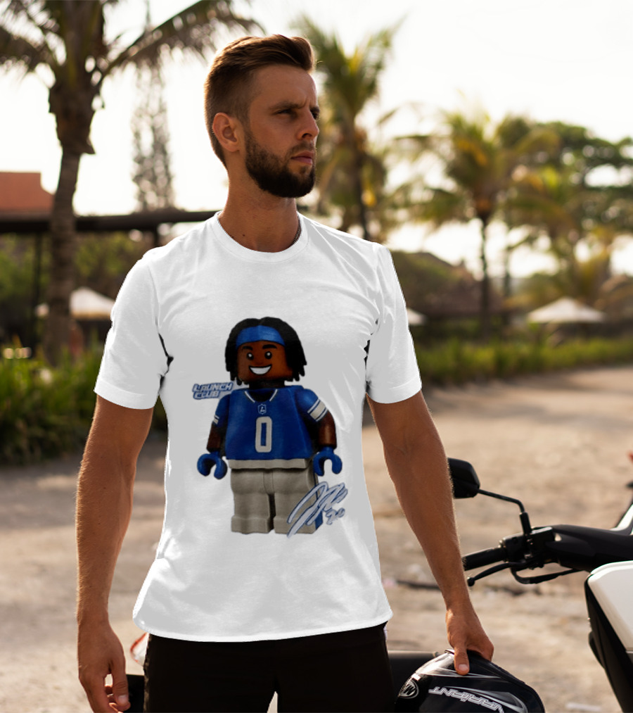 Detroit Lions Jahmyr Gibbs Lego Minifigure Launch Club Football Player T-Shirt