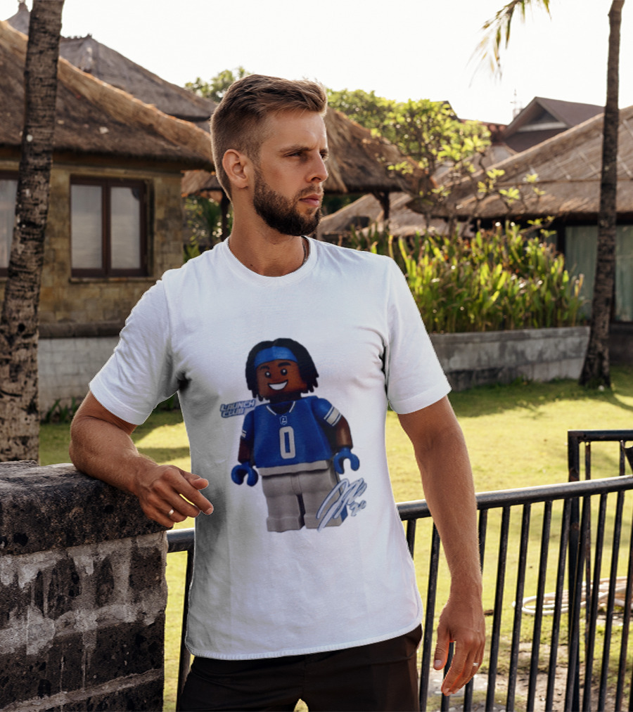 Detroit Lions Jahmyr Gibbs Lego Minifigure Launch Club Football Player T-Shirt