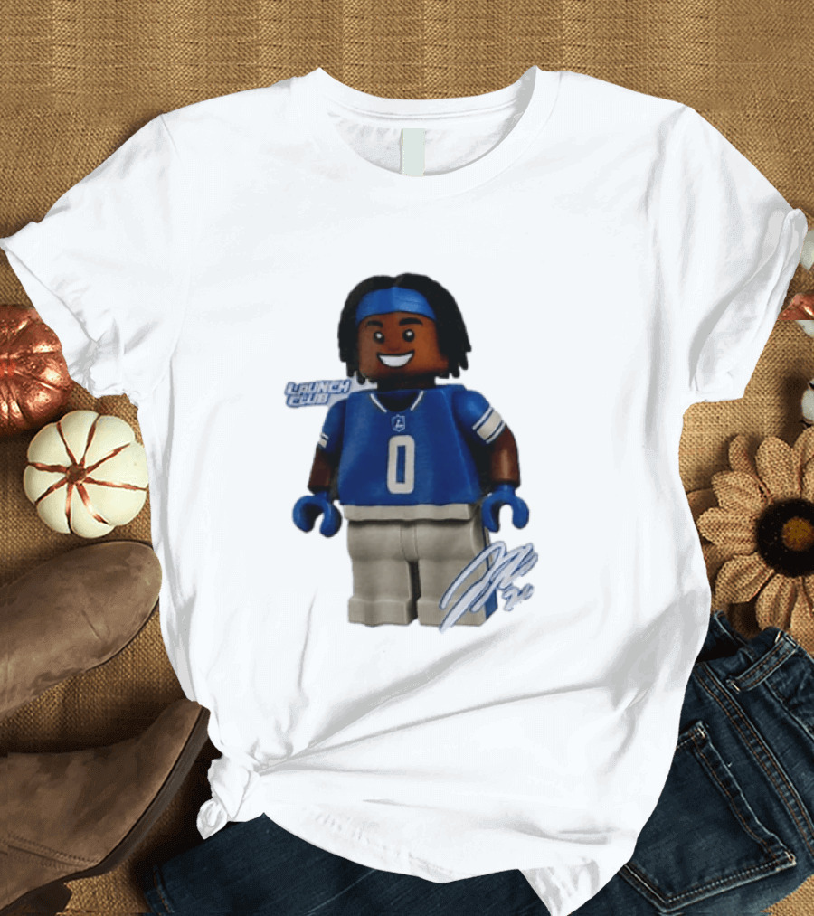 Detroit Lions Jahmyr Gibbs Lego Minifigure Launch Club Football Player T-Shirt