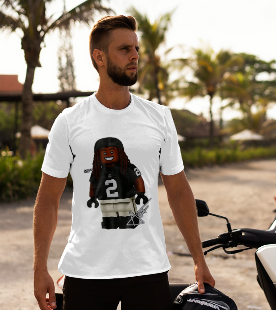 Las Vegas Raiders Running Back Ashton Jeanty 2 Lego Minifigure With Football Helmet T-Shirt