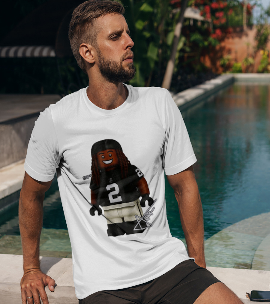 Las Vegas Raiders Running Back Ashton Jeanty 2 Lego Minifigure With Football Helmet T-Shirt