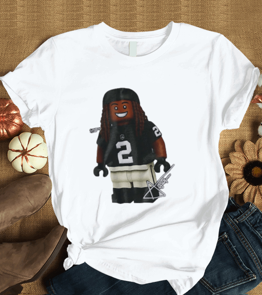 Las Vegas Raiders Running Back Ashton Jeanty 2 Lego Minifigure With Football Helmet T-Shirt