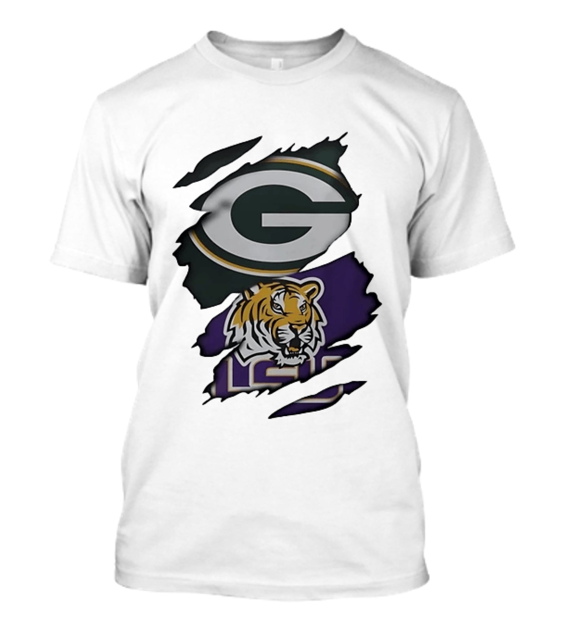 Green Bay Packers G Logo And LSU Tigers Purple And Gold Torn Fabric T-Shirt