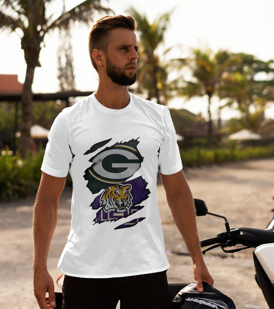 Green Bay Packers G Logo And LSU Tigers Purple And Gold Torn Fabric T-Shirt