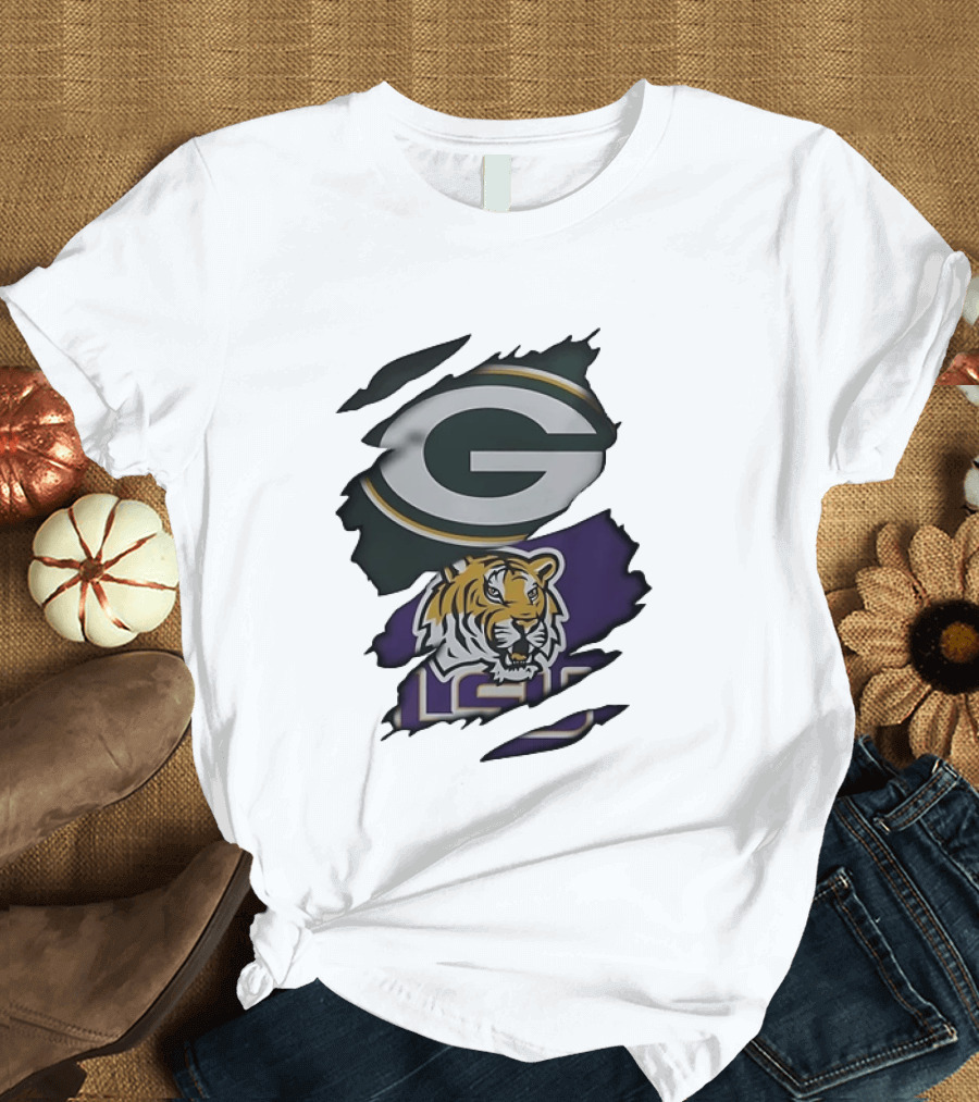 Green Bay Packers G Logo And LSU Tigers Purple And Gold Torn Fabric T-Shirt