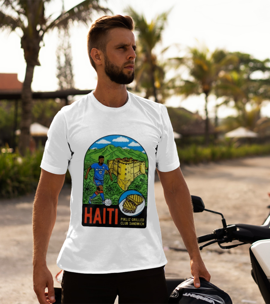 Haiti Soccer Player Pikliz Grilled Club Sandwich Historical Fortress Mountain Scene T-Shirt
