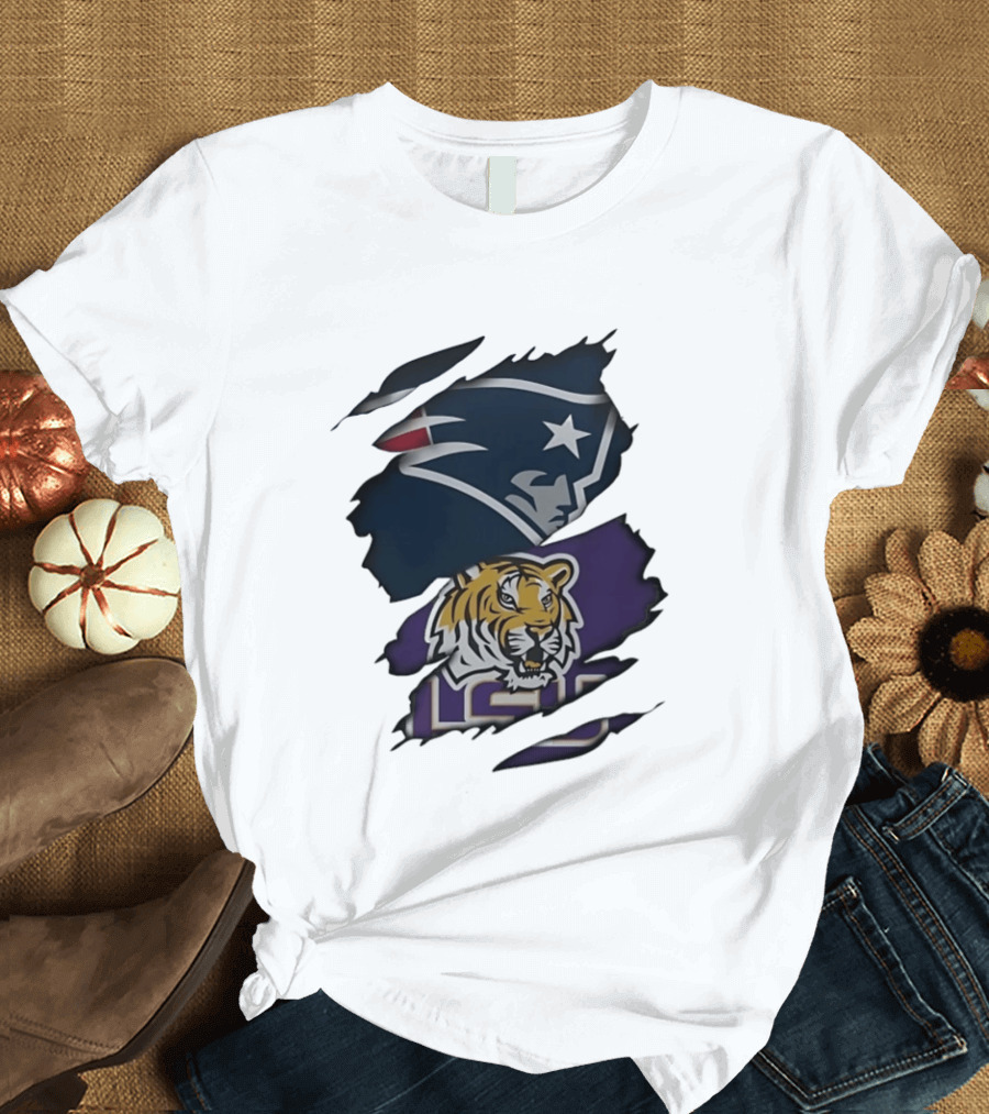 New England Patriots LSU Tigers Torn Fabric Tiger And Patriot Head Logos T-Shirt