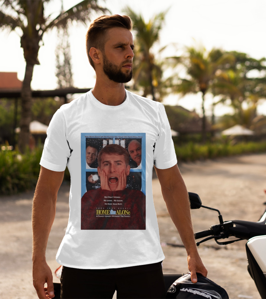 Home Alone But Don't Worry He Cooks He Cleans He Kicks Some Butt John Hughes Movie Kevin McCallister T-Shirt