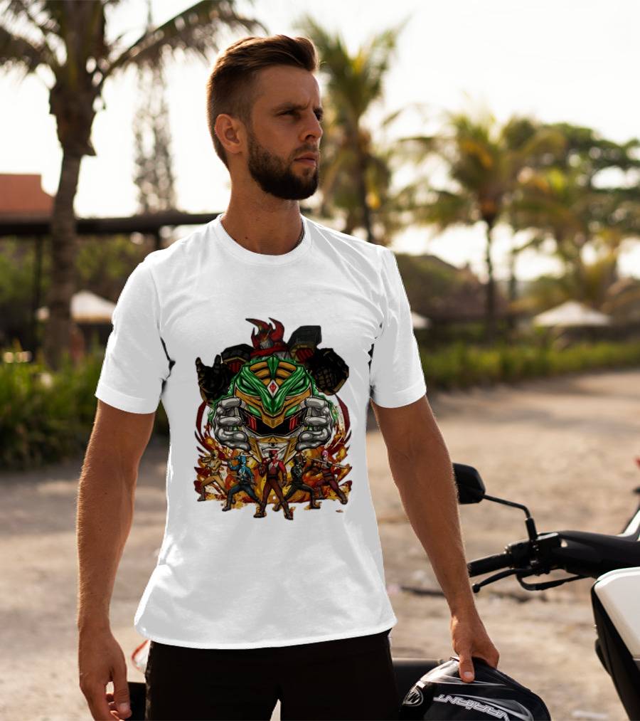 Mighty Morphin Power Rangers Green Ranger Dragonzord Helmet And Team Pose T-Shirt