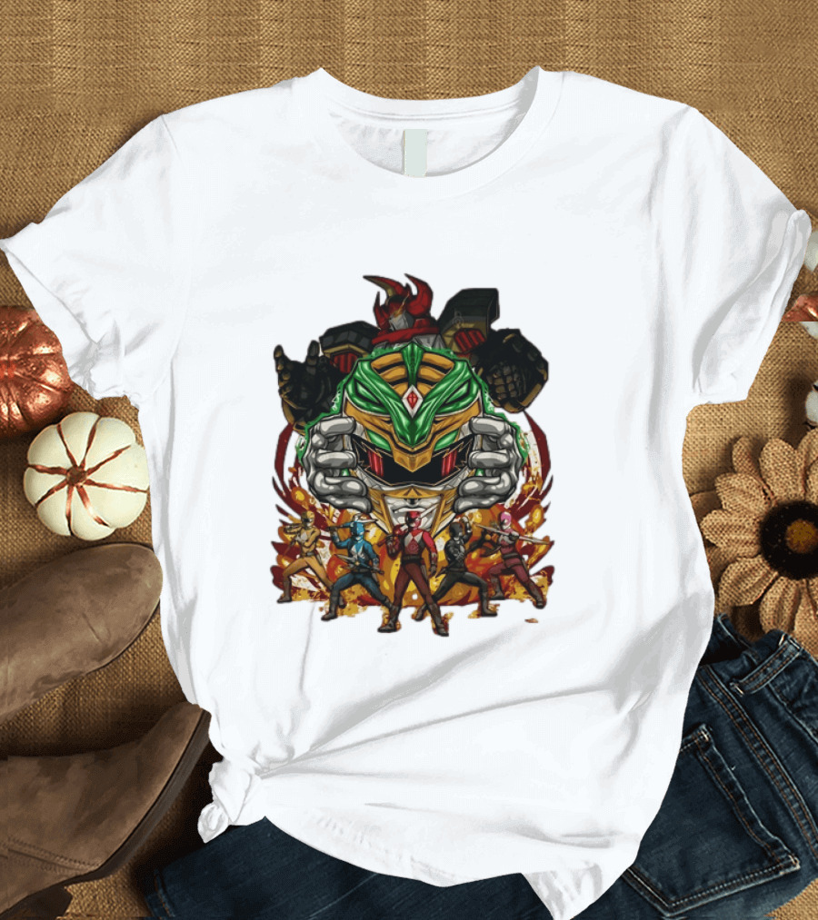 Mighty Morphin Power Rangers Green Ranger Dragonzord Helmet And Team Pose T-Shirt
