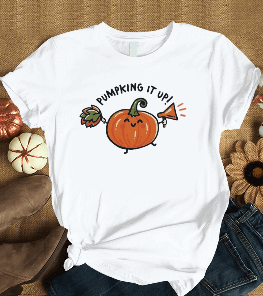 Pumpking It Up Pumpkin Cheerleader Cute Cartoon Holding Megaphone And Pom Pom T-Shirt